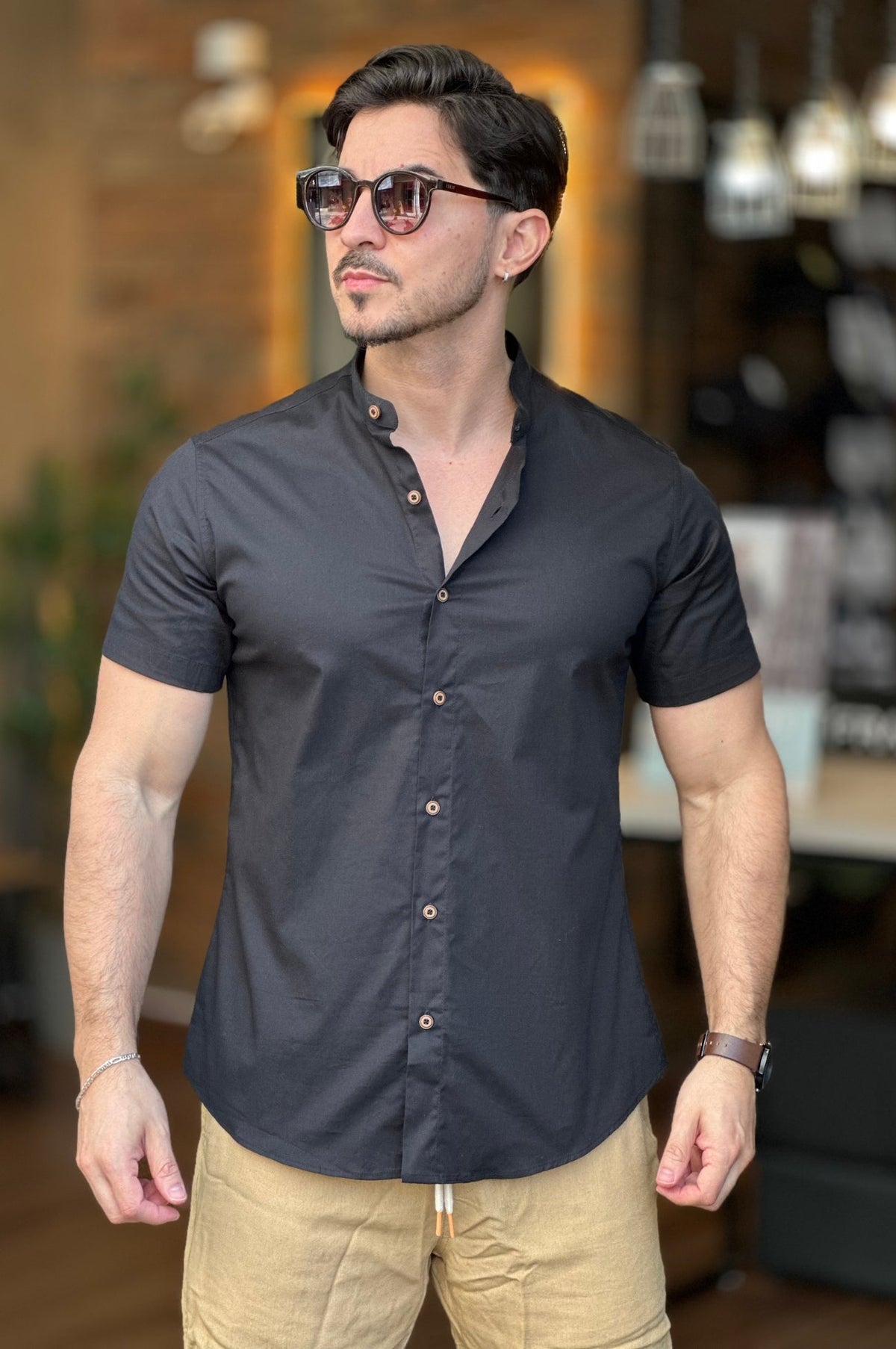 Camisa Manga Curta Gola Padre Preta