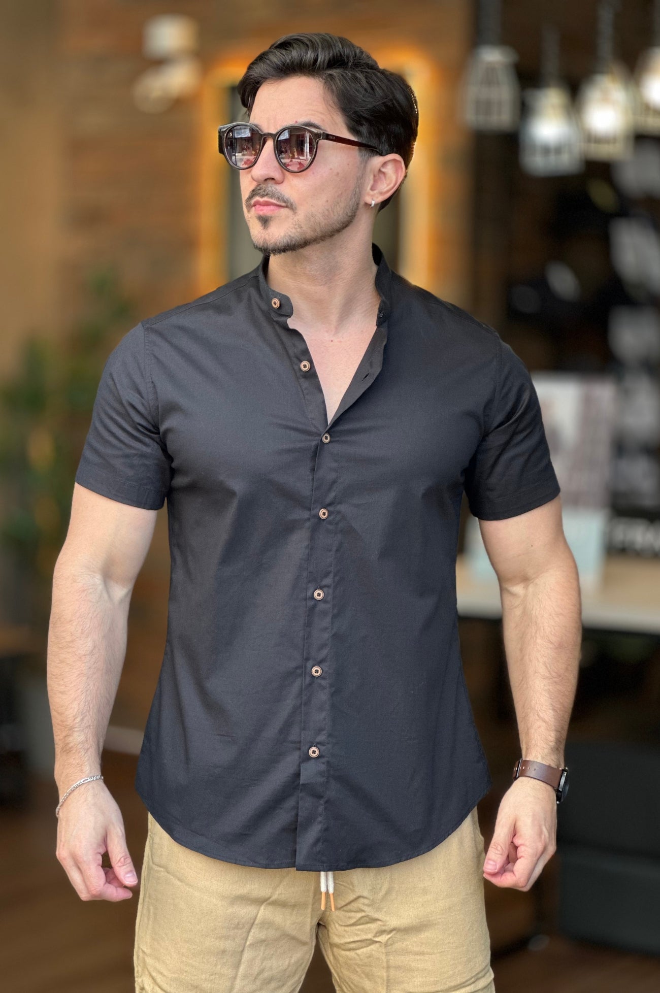 Camisa Manga Curta Gola Padre Preta