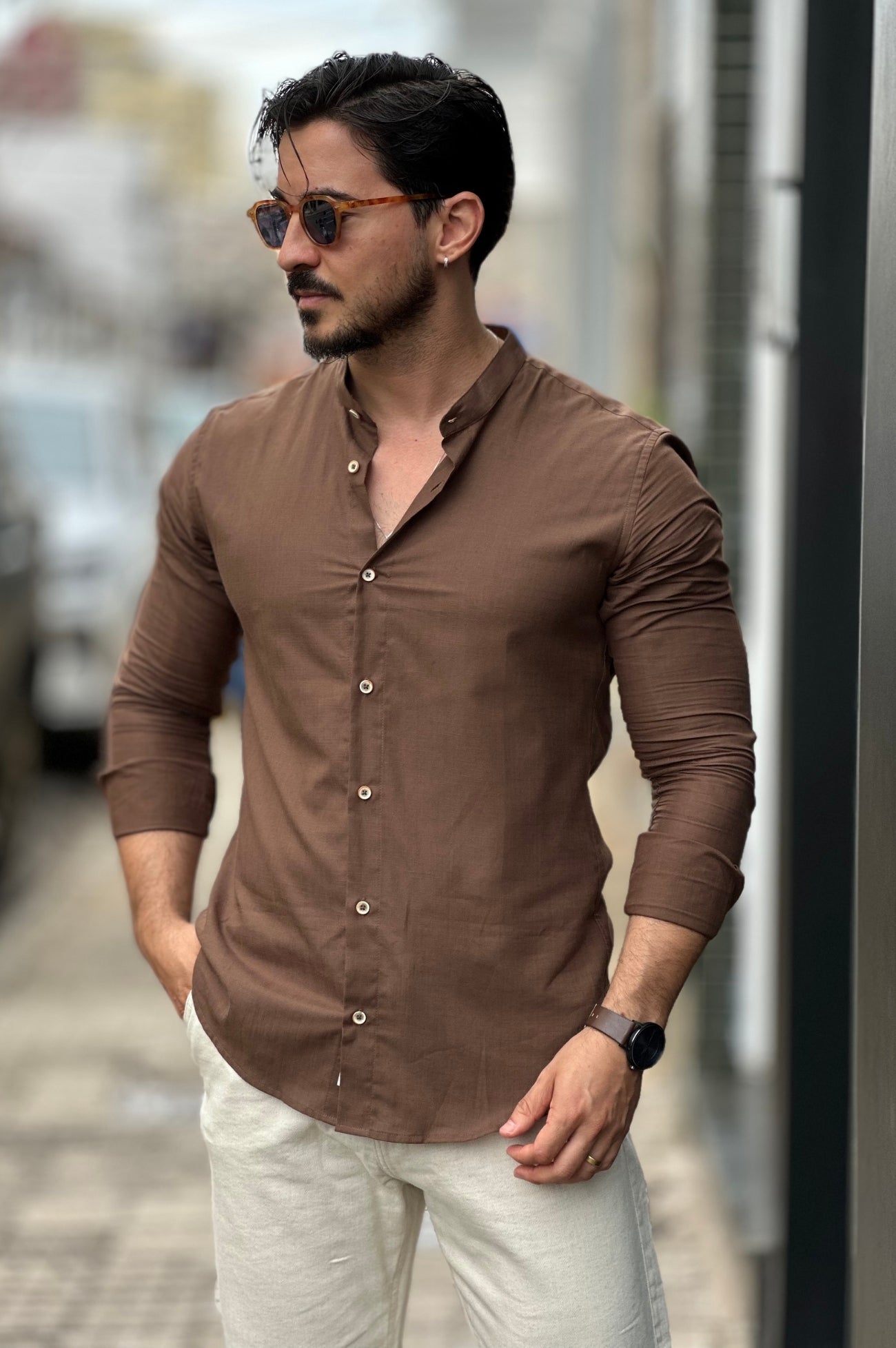 Camisa Flamê Gola Padre Marrom Oxing